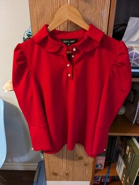 Sister Jane Red Puff-Sleeve Pearl Placket Blouse